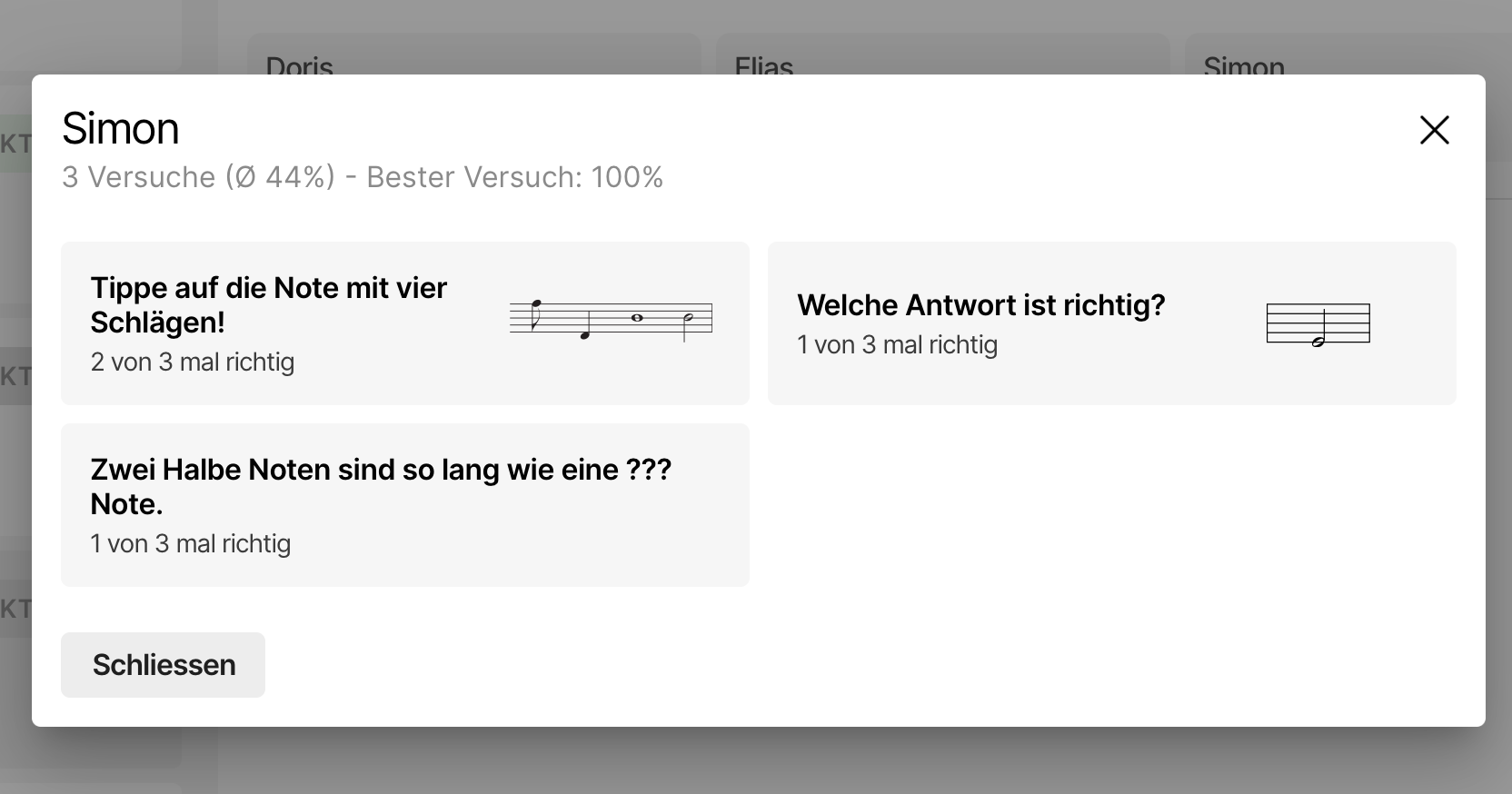 Screenshot der individuellen Auswertung eines Schülers nach Klick auf dessen Namen