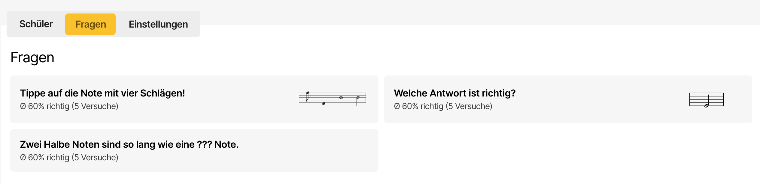 Screenshot der Auswertung im Reiter Fragen mit dem Erfolg der gesamten Klasse