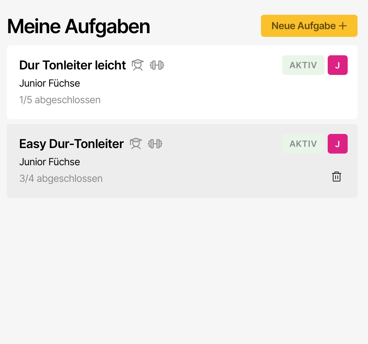 Screenshot der Aufgabenübersicht im Klassenzimmer mit Aufgabenname, zugeteilter Klasse, Status und Fragen-Set