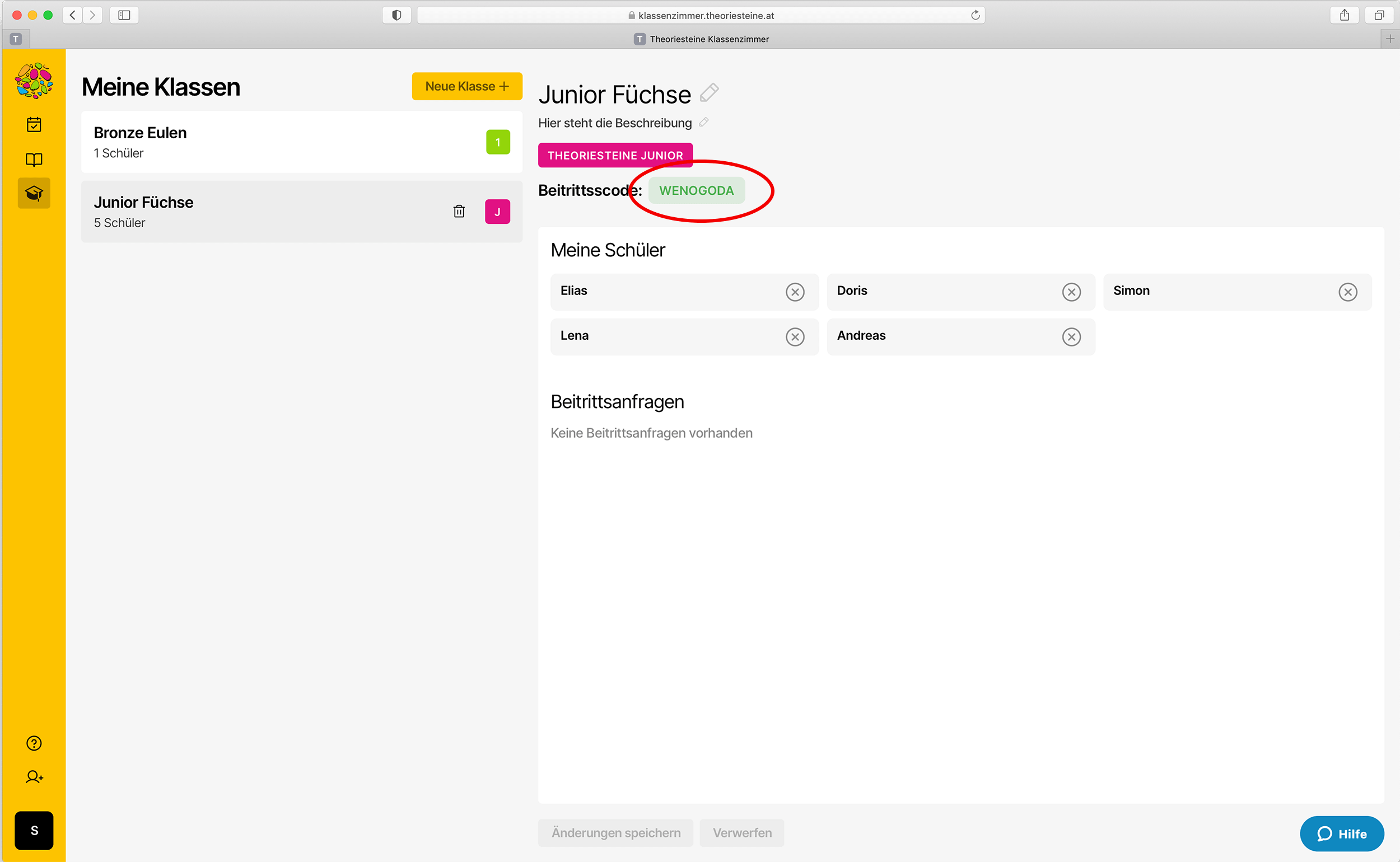 Screenshot der Klasseneinstellungen im Klassenzimmer mit dem Einladungscode zum Beitreten der Klasse