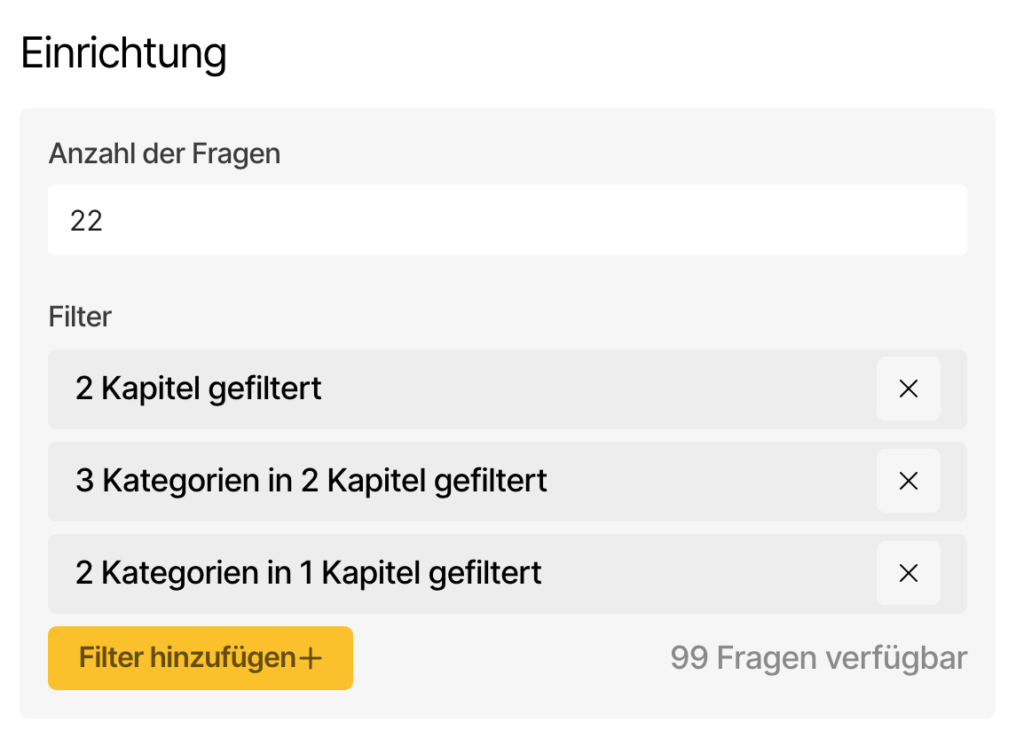 Screenshot des Fragenfilters mit mehreren gleichzeitig angewendeten Filtern