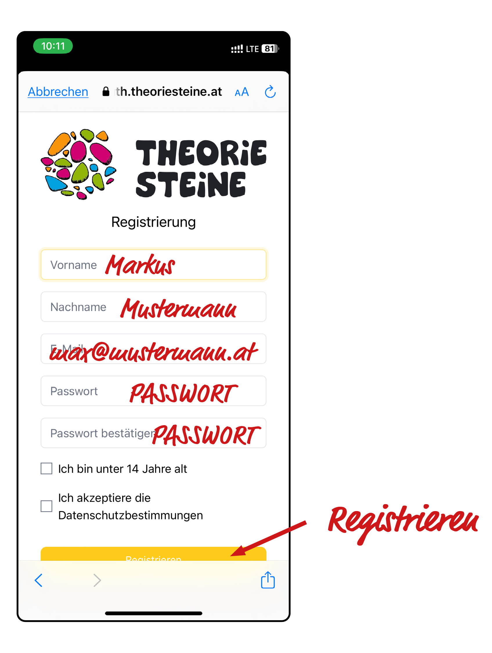 Screenshot der Eingabemaske zur Registrierung eines neuen Benutzers in der App