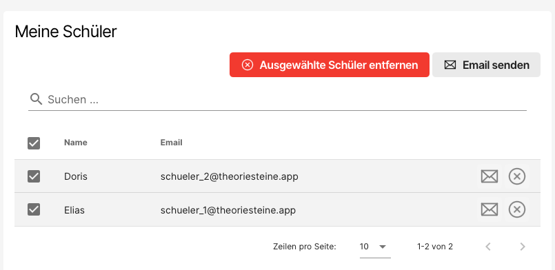 Screenshot des Buttons „Ausgewählte Schüler entfernen” in der Schulverwaltung