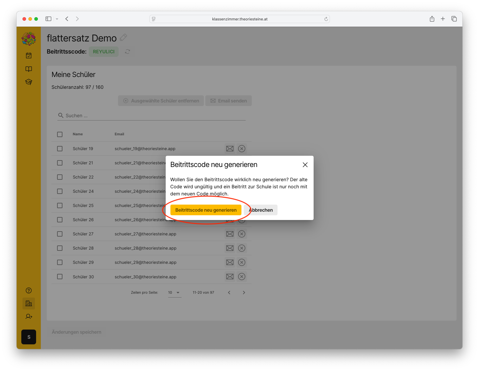 Screenshot der Bestätigung nach dem Generieren eines neuen Schulcodes in der Schulverwaltung