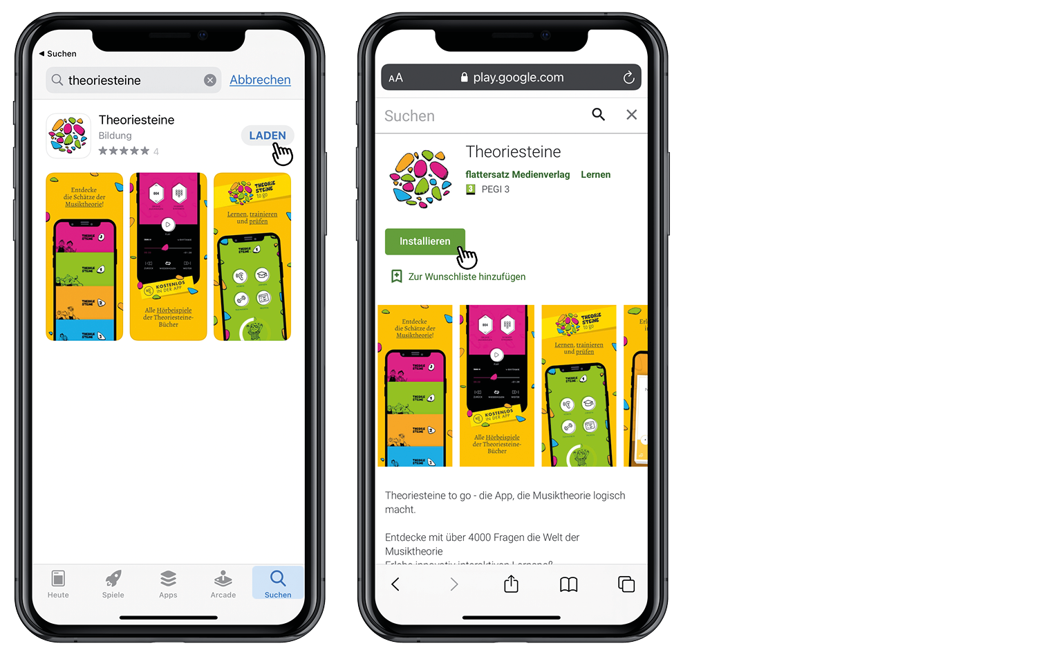 Screenshot der Theoriesteine App mit Hinweis zum kostenlosen Download der Hörbeispiele im App Store